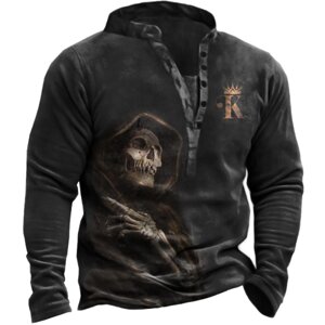 King Men's Crown Skull Reaper Print Long Sleeve Henry Henley Collar Толстовка