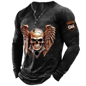 Мужская футболка Henley Dark Skull Wings Route 66 винтажные повседневные топы с длинными рукавами