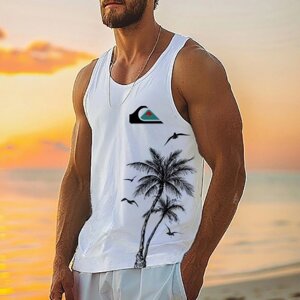 Мужская повседневная майка с принтом Quiksilver Surf Palm Tree Hawaii Beach Vacation и принтом