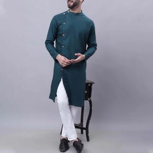 Мужское темно-зеленое зеленое хлопковое длинное платье Kurta с разрезом по бокам S-3XL