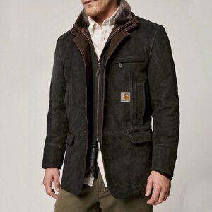 Мужской винтажный пиджак из карловарской телячьей кожи с воротником из мериносовой овчины черный