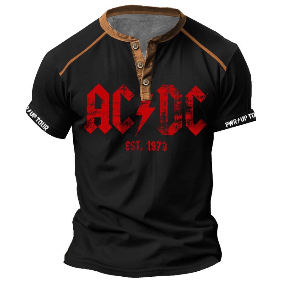 Мужская винтажная одежда ACDC Приблиз. Футболка Henley с короткими рукавами и принтом Rock Band 1973 года - доставка