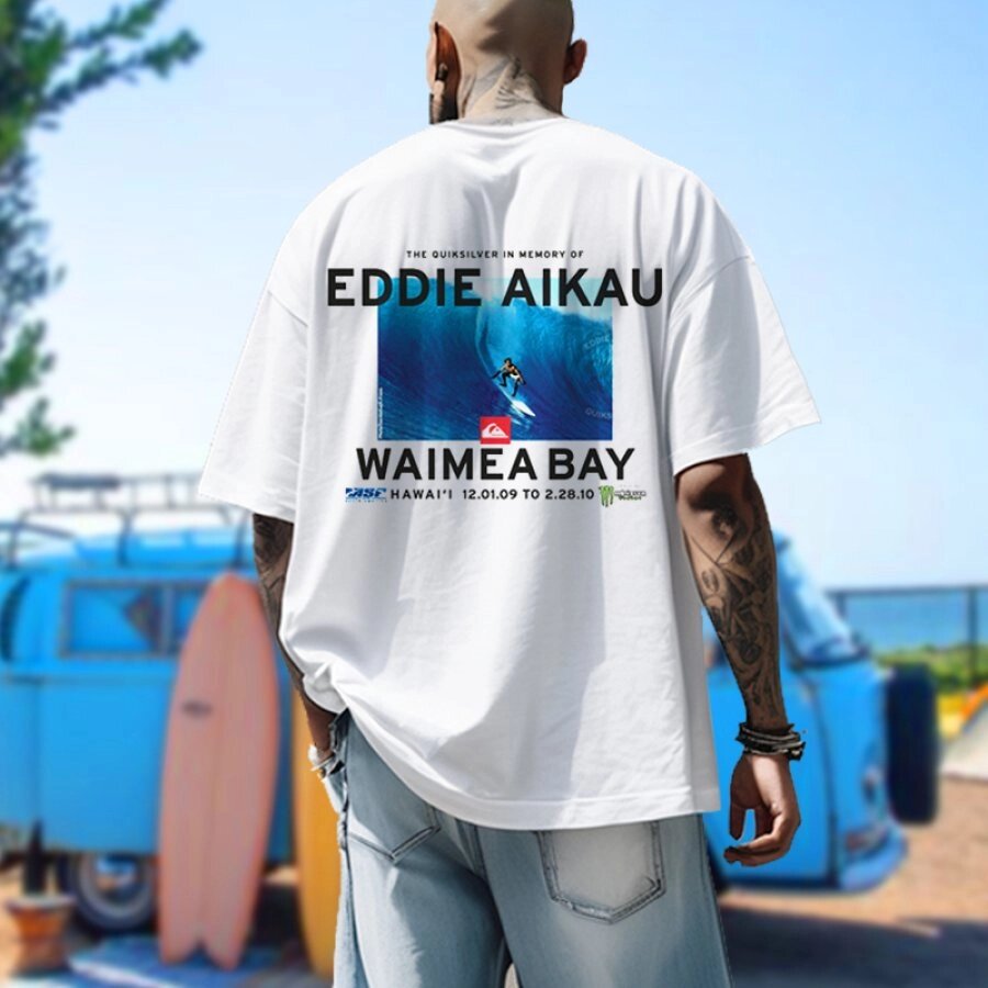 Мужская футболка с круглым вырезом и короткими рукавами с принтом Eddie AIikau Surf Vacation - наличие