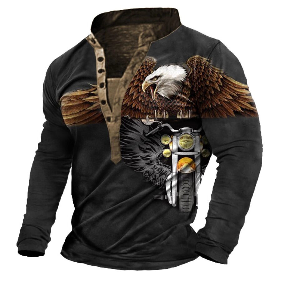 Мужская футболка Henley Vintage Eagle Мотоциклетный принт Длинные рукава Повседневные топы - заказать