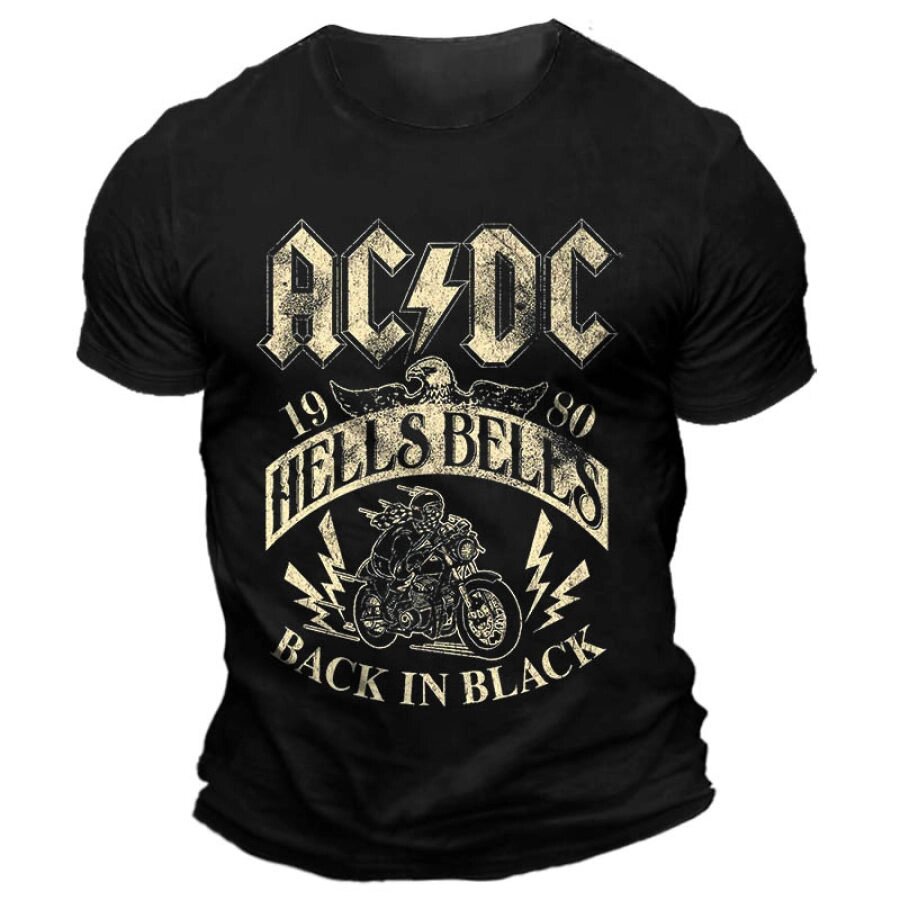 Мужская винтажная футболка ACDC Hells Bells 1980 Rock Band с мотоциклетным принтом и короткими рукавами с круглым вырезом - описание