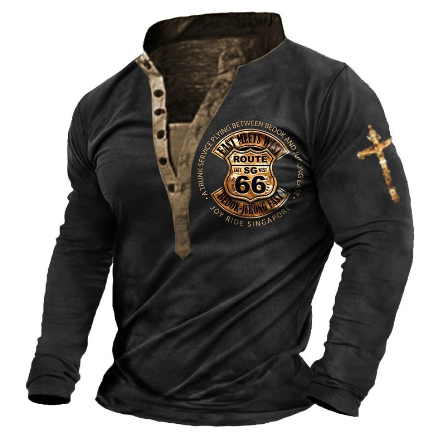 Мужская футболка Henley Vintage Route 66 Cross Contrast Color с длинными рукавами повседневные топы - сравнение