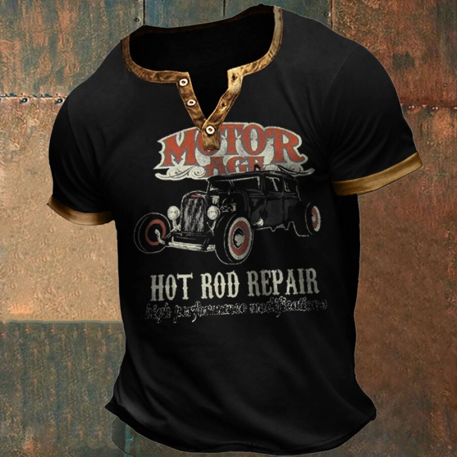 Мужская футболка с воротником Генри Motor Age Hot Rod Repair с винтажным принтом - распродажа