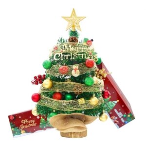 1,5-футовая светодиодная настольная рождественская елка со светодиодной гирляндой Верхняя звезда Красные зеленые шарики Лента Мини-искусственная рождественская елка для праздничного украшения