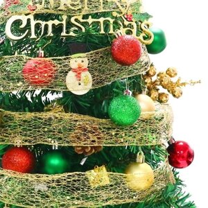 2-футовая светодиодная настольная рождественская елка со светодиодной гирляндой Верхняя звезда Красные зеленые шарики Лента Мини-искусственная рождественская елка для праздничного украшения