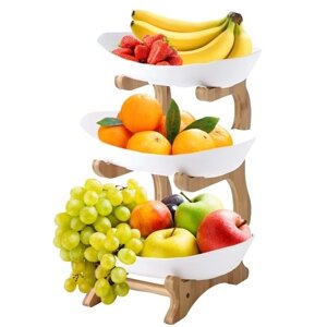 3-х уровневая корзина с фруктами для кухни Пластиковая ваза для фруктов с подставкой из бамбукового дерева Простая установка 3-х уровневая сервировочная подставка Закуски Десерт Поднос для торта Стойка для тарелок для