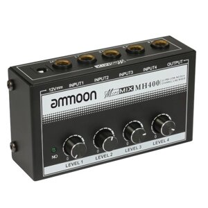 Ammoon MH400 Сверхмалошумящий 4-канальный линейный микшер Мини-аудиомикшер с 1/4-дюймовыми входами TS и регулятором громкости на выходе для гитар Бас-клавиатуры