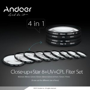 Andoer 55mm UV+CPL+Макросъемка+4 +Звезда 8-точечный Фильтр Набор Циркулярного Фильтра Циркулярный Поляризационный Фильтр Макросъемка Звезда 8-точечный Фильтр с Мешком для Никон Кэнон Пентакс Сони DSLR Камеры