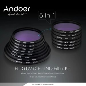 Andoer 58 мм UV + CPL + FLD + ND (ND2 ND4 ND8) Комплект для фотосъемки Комплект ультрафиолетового кругового поляризационного флуоресцентного нейтрального фильтра плотности для Nikon Canon Sony Pentax DSLR