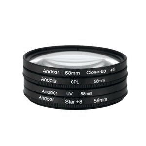 Andoer 58mm UV+CPL+Макросъемка+4 +Звезда 8-точечный Фильтр Набор Циркулярного Фильтра Циркулярный Поляризационный Фильтр Макросъемка Звезда 8-точечный Фильтр с Мешком для Никон Кэнон Пентакс Сони DSLR Камеры