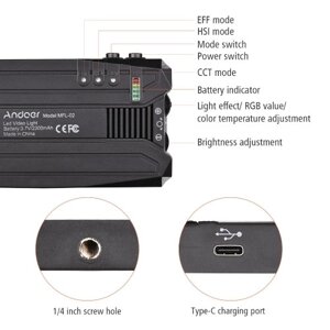 Andoer MFL-02 5W Многофункциональная светодиодная видеолампа Портативный карманный светильник Профессиональный светильник для фотосъемки RGB 90ПК, двухцветная температура, 3000–6500K CRI95 Регулируемая яркость, 7