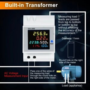 D52-2066 6-в-1 цифровой однофазный счетчик электроэнергии тестер Din Rail монитор переменного тока напряжение ток коэффициент мощности активный кВтч переменного тока 40 В~300 В 100 А монитор потребления электроэнергии
