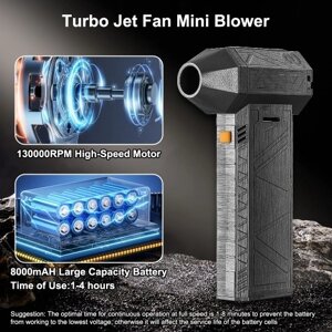 Электрический Air Duster, 130000 об/мин, турбореактивный вентилятор, мини-вентилятор, регулируемая скорость ветра, портативный ручной струйный сухой вентилятор, встроенный аккумулятор емкостью 8000 мАч, перезаряжаемый