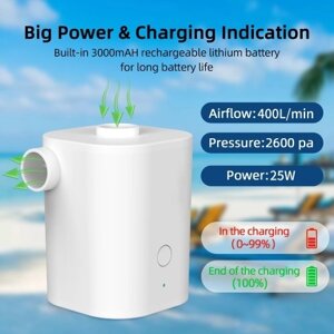 Электрический воздушный насос с 5 насадками USB Quick Air Pump с аккумулятором 2500 мАч для накачки Насосы-дефляторы Надувные матрасы Надувная кровать Игрушка для бассейна Кольцо для плавания