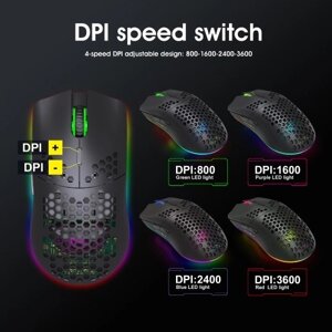 HXSJ T66 RGB 2.4G Беспроводная игровая мышь RGB-подсветка Зарядная мышь с регулируемым разрешением DPI Эргономичный дизайн для настольного ноутбука Черный