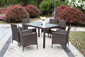 IKayaa 7PCS Rattan Outdoor Patio Dinning Table Set Мягкий сад Патио Комплект мебели Темно-коричневый + Бежевый Подушка