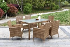 IKayaa 7PCS Rattan Outdoor Patio Dinning Table Set Мягкий садовый патио Комплект мебели Light Brown + Coffee Cushion