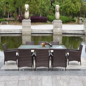 IKayaa 9PCS Rattan Outdoor Patio Dinning Table Set Мягкий садовый патио Комплект мебели Темно-коричневый + Бежевый Подушка