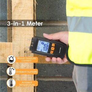 KKmoon 3-в-1 Цифровой измеритель влажности древесины Анализатор содержания воды в дровах Температура окружающей среды + влажность + Тестер влажности древесины с подсветкой для деревообработки пиломатериалов