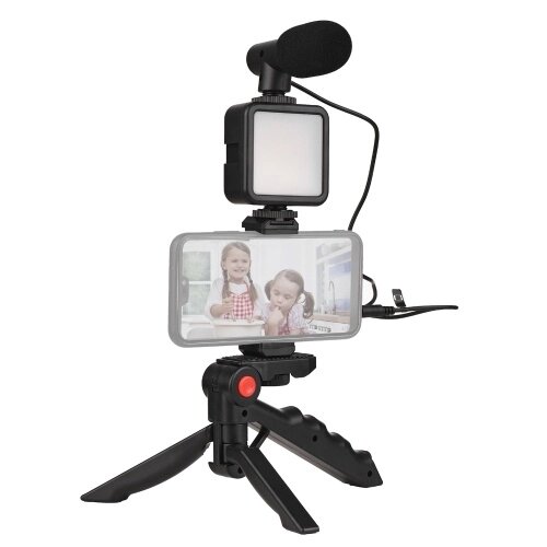 Комплект для видеоблогов для смартфона, мини-светодиодная видеолампа + кардиоидный микрофон + выдвижной зажим для телефона + штатив с регулируемой яркостью