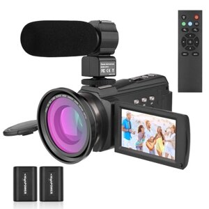 Набор цифровых видеокамер Andoer 4K/60FPS 48MP WiFi 1 видеокамера + 1 микрофон + 1 пульт дистанционного управления + 2 батареи + 1 объектив камеры с 16-кратным зумом 3-дюймовый сенсорный экран ИК-инфракрасный ночной