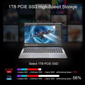 Ноутбук Ninkear N16 Pro 16-дюймовый IPS-экран с частотой 165 Гц, 2560*1600 Дисплей 32 ГБ DDR4 1 ТБ SSD Windows 11 Ноутбук с процессором Intel Core i7 13-го поколения WiF i6 BT5.0 Разблокировка по отпечатку пальца