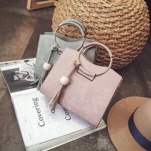 Новые женщины сумка сумка сумка кожа PU Металлическое кольцо ручки кисточкой Tote Crossbody сумка черный / серый / розовый