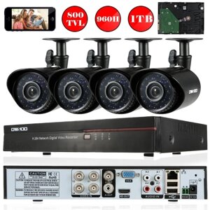 OWSOO 4CH Channel Full 960H / D1 800TVL CCTV Surveillance DVR Security System HD P2P Облачная сеть Цифровой видеорегистратор + 1 ТБ Жесткий диск + 4 * Наружная / комнатная инфракрасная камера с пультом + 4 *