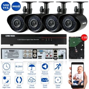 OWSOO 4CH Channel Full 960H / D1 800TVL CCTV Surveillance DVR Security System HD P2P Облачная сеть Цифровой видеорегистратор + 1 ТБ Жесткий диск + 4 * Наружная / комнатная инфракрасная камера с пультом + 4 *