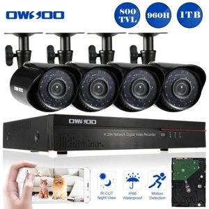 OWSOO 4CH Channel Full 960H / D1 800TVL CCTV Surveillance DVR Security System HD P2P Облачная сеть Цифровой видеорегистратор + 1 ТБ Жесткий диск + 4 * Наружная / комнатная инфракрасная камера с пультом + 4 *