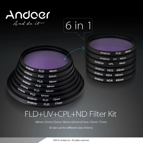 Andoer 67 мм УФ + CPL + FLD + ND (ND2 ND4 ND8) фотографии комплект ультрафиолетового циркуляр поляризационный флуоресцентные нейтральной плотности фильтра фильтр для Pentax зеркалок Nikon Canon Sony - описание