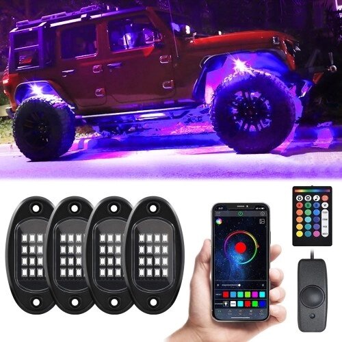 RGB LED Rock Lights Многоцветные светодиодные фонари Водонепроницаемые с APP BT 24 Key Controller Музыкальная функция для внедорожников ATV UTV - распродажа