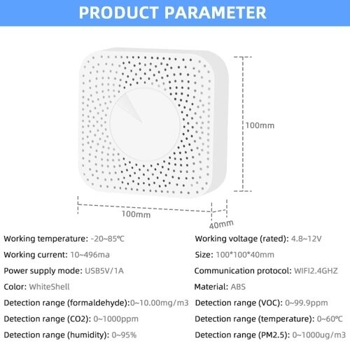 Tuya WiFi Intelligent Air Housekeeper 6-в-1 Монитор качества воздуха PM2,5 / формальдегид / TVOC / CO2 / датчик температуры / влажности для домашнего офиса - Андижан