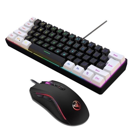 HXSJ V700BW + A869 USB компьютерная клавиатура и мышь с 61-клавишной проводной RGB-подсветкой + проводная игровая мышь Красочное светодиодное освещение 4-уровневый DPI Макс. 3200DPI для портативных ПК - скидка