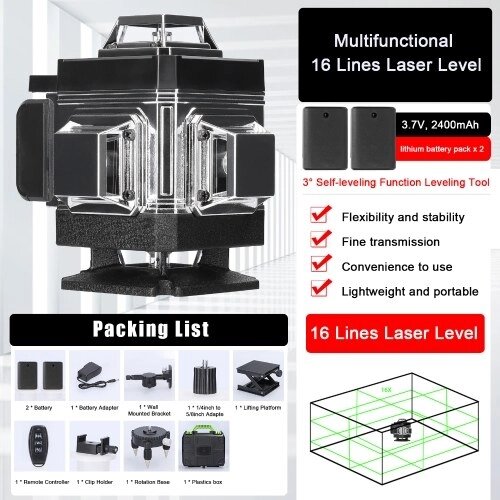 Многофункциональный 16-линейный лазерный уровень 3 ° Самонивелирующаяся машина Перезаряжаемый литиевый аккумулятор Инструмент для выравнивания Всенаправленная наклейка на стену Водонепроницаемый Набор инструментов для - розница