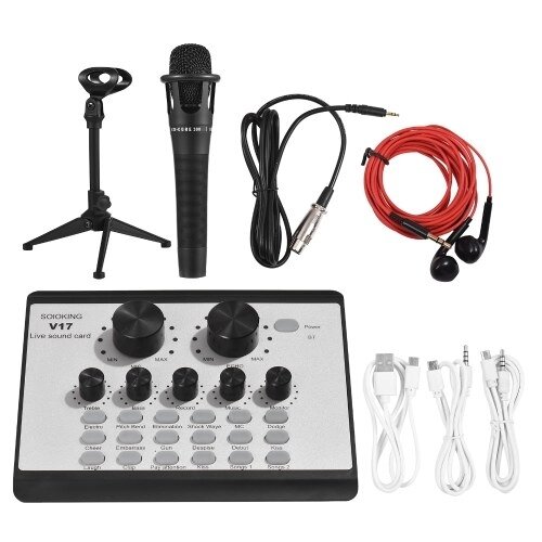 V17 Live Sound Card &amp; Microphone Kit BT Mini Sound Mixer Многофункциональный аудиомикшер с изменением голоса Набор микрофонов со штативом - отзывы