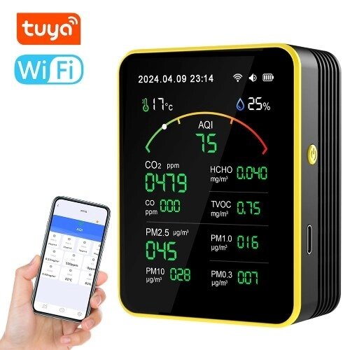 Tuya WiFi15in1 Детектор качества воздуха Бытовой портативный AQI PM0.3 PM1.0 PM2.5 PM10 Тестер CO CO2 TVOC HCHO TFT-дисплей Многофункциональный измеритель времени, температуры и влажности Универсальный таймер Таймер с - сравнение