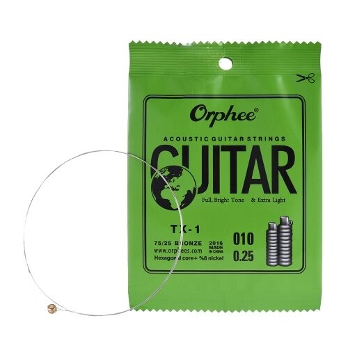 Орфей TX-1 Одиночная строка замены для акустической гитары 1 Folk E-String (010) 10-pack высокоуглеродистой стальной сердечник 75/25 Фосфорная бронза Extra Light Tension - розница