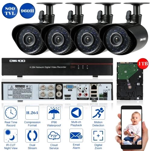 OWSOO 4CH Channel Full 960H / D1 800TVL CCTV Surveillance DVR Security System HD P2P Облачная сеть Цифровой видеорегистратор + 1 ТБ Жесткий диск + 4 * Наружная / комнатная инфракрасная камера с пультом + 4 * - описание