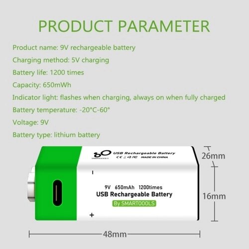 Порт Type-C Перезаряжаемая литиевая батарея 9 В, 650 мАч, высокая емкость, постоянное напряжение, быстрая подзарядка, экологически чистая утилита, многоразовая батарея для микрофона, гитары - характеристики