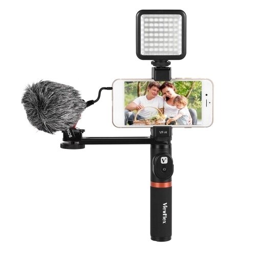 Smartphone Video Rig Hand Grip с пультом дистанционного управления BT + мини-микрофон + светодиодный свет для iPhone 6s плюс для Samsung Galaxy S8 + S8 Примечание 3 Huawei - акции