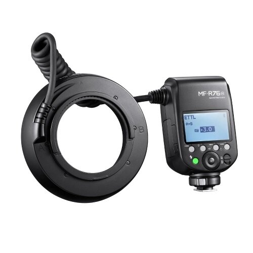 Godox MF-R76N i-TTL Макрокольцевая вспышка GN14 10 уровней Регулируемая яркость с 8 шт. переходным кольцом Замена батареи большой емкости для камеры Nikon - фото