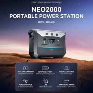 Портативная электростанция DaranEner NEO2000 2000 Вт, емкостью 2073,6 Вт·ч, батарея LiFePO4, аварийный мобильный генератор на солнечной энергии для домашнего резервного копирования на открытом воздухе, кемпинга на