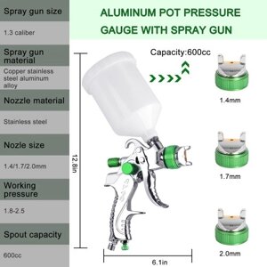 Профессиональный набор инструментов для гравитационного распыления. Форсунки 1,4/1,7/2,0 мм. Автомобильный распылитель краски с цветной чашкой 600 куб. См и 10 шт.