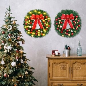Рождественский венок с 10-футовыми 20-светодиодными гирляндами с бантом, 12-дюймовые подвесные гирлянды с Рождеством, искусственный венок для украшения входной двери, стены, вечеринки