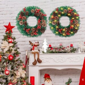 Светодиодный рождественский венок с гирляндой Сосновые шишки Красные фрукты 20-дюймовая подвесная гирлянда с Рождеством Искусственный венок для украшения входной двери